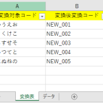 Excel VBA で変換表シートをもとに変換対象データシートのセルの値を一括変換（置換 Selection.Replace）するサンプルVBA